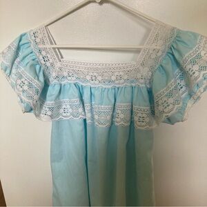 Women’s Light Blue Vintage Peasant Style Lace Detail Top